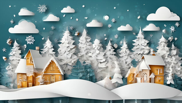 Merry Christmas composition in paper cut style, Generative AI	