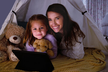 Poster - Tablet, tent and portrait of mom with child in home playing education games or online activities for bonding. Teddy bear, blanket fort and mother with girl watch movie on app with digital technology.