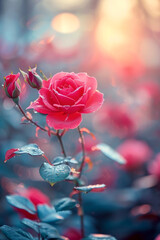 Poster - Vibrant pink rose stands tall amidst blooming buds, illuminated by warm sunlight filtering through a tranquil garden.