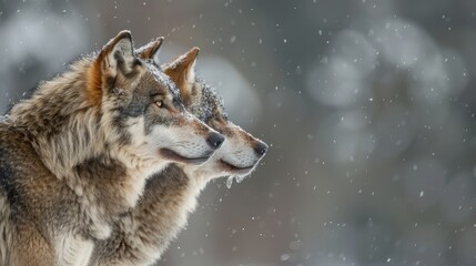  Two wolves stand side by side, gazing into the snowy distance, embodying the calm of winter