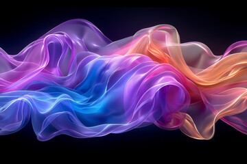 Poster - Colorful fabric flows gently, intertwining shades of blue, pink, and orange, creating a stunning visual dance of light and movement in a serene atmosphere.