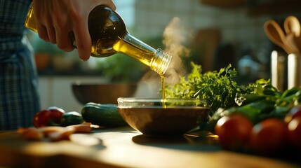 Sticker - A hand pouring olive oil into a bowl filled with fresh herbs and vegetables. This kitchen scene captures the art of cooking and healthy eating. It highlights vibrant colors and a warm atmosphere. AI