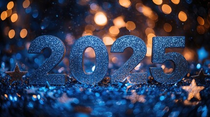 2025 sparkling glitter numbers celebrating new year's eve on blue glitter background