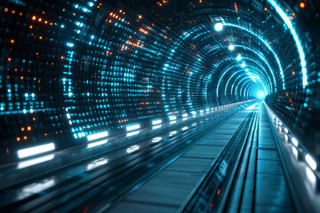 Poster - A dazzling tunnel stretches forward, its walls aglow with energetic blue and orange lights, inviting exploration into an unknown future.