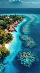 Poster - Lush tropical vegetation is covering idyllic island with a resort in the maldives