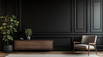 Poster - Modern living room with empty black wall featuring sideboard and armchair