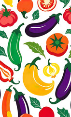 Wall Mural - full color silkscreen printing, perfect silhouettes of eggplants, zucchini, tomatoes, peppers, cucumbers on a white background, background for advertising vegetables and fruits