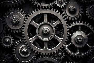 Aufkleber - Retro black and white background of industrial cogs or gears with movement