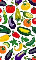 Wall Mural - full color silkscreen printing, perfect silhouettes of eggplants, zucchini, tomatoes, peppers, cucumbers on a white background, background for advertising vegetables and fruits