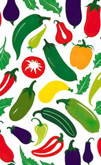 Wall Mural - full color silkscreen printing, perfect silhouettes of eggplants, zucchini, tomatoes, peppers, cucumbers on a white background, background for advertising vegetables and fruits