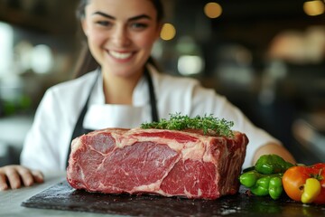 Wall Mural - Female chef holding raw red meat smiling in commercial kitchen