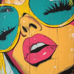 Wall Mural - A vibrant graphic of a woman with colorful sunglasses and bold lips.