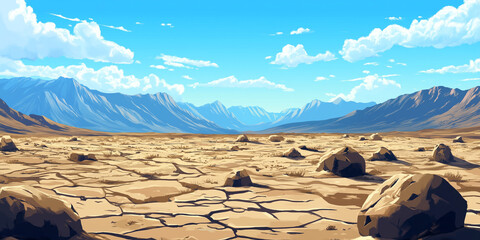 Wall Mural - Barren landscape with cracked earth, scattered boulders, distant mountains on horizon, flat illustration