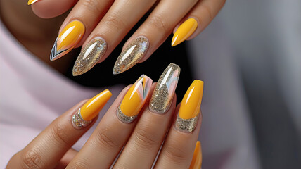 modern design acrylic nails, bright patterns and designs on the nails. 