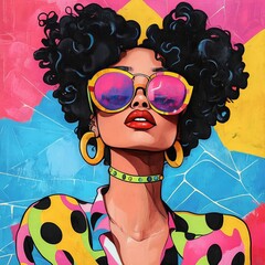 Wall Mural - A vibrant illustration of a stylish woman with curly hair and oversized sunglasses.