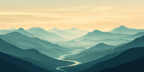 Wall Mural - Panoramic view of multiple mountain ranges with river meandering through central valley, flat illustration