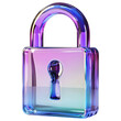 © alex - 3D illustration of a glossy glass padlock in pink and blue tones on a transparent background, symbolizing security and protection.
