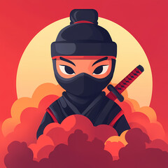 Cloud Ninja. Cartoon ninja character in a flat vector style with a black mask and clouds, featuring a focused expression and modern digital design elements