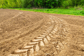 Wall Mural - A plowed field. Agricultural land. Tractor tracks