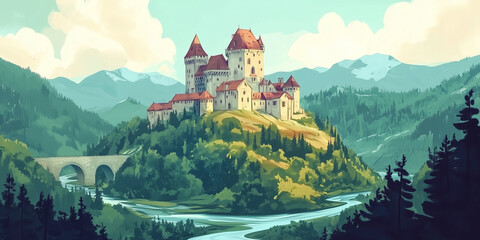 Poster - Medieval castle perched on a hill, surrounded by forests and a winding river below, flat illustration