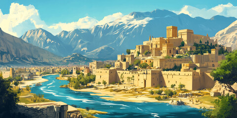 Wall Mural - Ancient city with stone walls, a river winding through, and mountains in the background, flat illustration