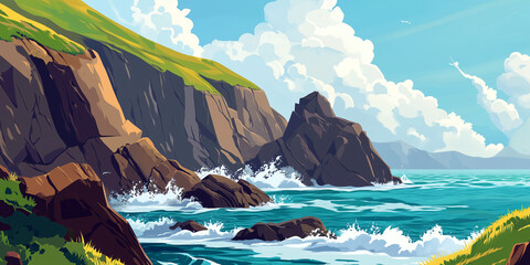 Wall Mural - Coastal cliffs rising sharply from the ocean with waves breaking at the base, flat illustration