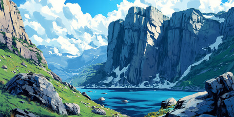 Wall Mural - Steep cliffs with jagged edges above a glacial lake, scattered rocks leading down to the water's edge, flat illustration