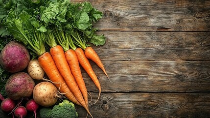 Wall Mural -   A variety of carrots, radishes, potatoes, and broccoli arranged on a wooden tabletop