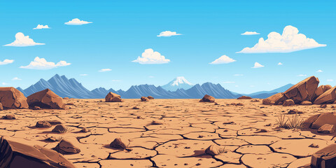 Wall Mural - Barren landscape with cracked earth, scattered boulders, distant mountains on horizon, flat illustration