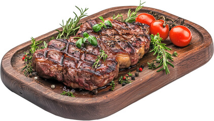 juicy steak with herbs on a wooden board Generative AI