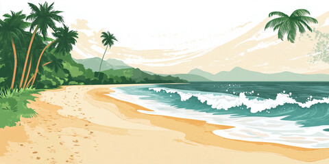 Sticker - Beach with fine sand, palm trees, and gentle waves reaching the shore, flat illustration