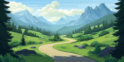 Wall Mural - Roman road winding through a valley, with mountains in the distance and forested hills, flat illustration