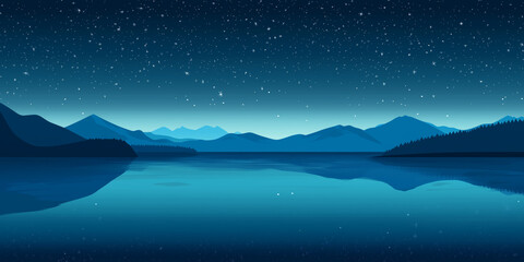 Wall Mural - Serene lake reflecting the starlight, with a mountain range in the distance, flat illustration