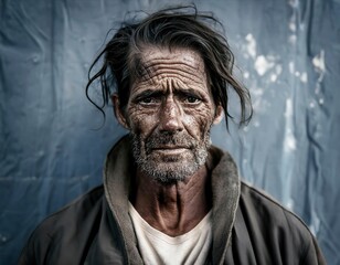 Portrait of homeless man. Generated image