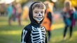 © lenblr - Young boy wearing a skeleton costume and makeup smiling at a halloween celebration