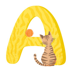 Wall Mural - Letter A png in yellow with cat character, transparent background