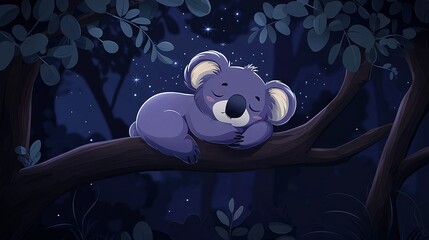 Poster -   A koala sleeps on a tree branch at night in a forest, with stars above and leaves beneath