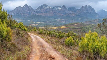   A dirt path amidst lush green landscape, surrounded by majestic mountains and towering trees