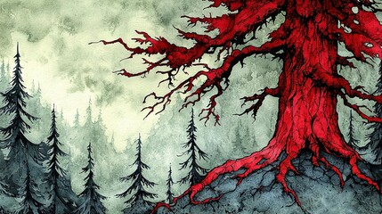 Poster -   A red tree stands amidst a foggy forest, with a bird atop