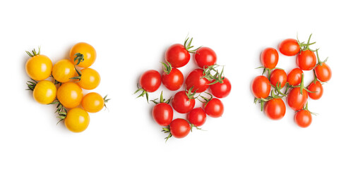 Wall Mural - Different colorful cherry tomatoes isolated on white background.