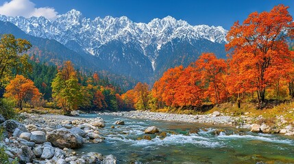 Poster -   A river runs through a lush green forest, next to an orange and red tree-covered area, with snow-capped mountains visible in the background