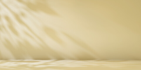 Poster - Beige minimalist studio for product presentation. Empty room with shadows of tree leaves. 3d room background with copy space. 3d render illustration