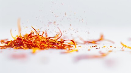 Saffron threads falling and bouncing on a white background creating a dynamic composition