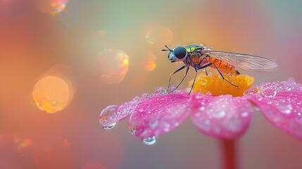 Poster -   A fly perched atop a vibrant pink flower, dotted with droplets, amidst a backdrop of hues