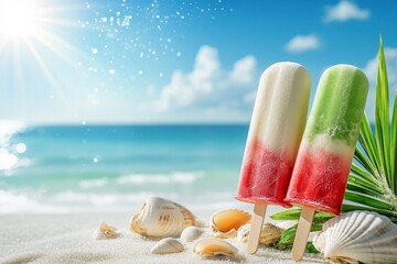 Red and green popsicles standing on sandy beach with seashells and blue sea background