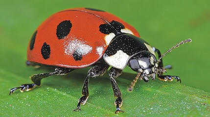 Sticker -   Close-up of a red and black bug on a green leaf with water droplets on its hind legs