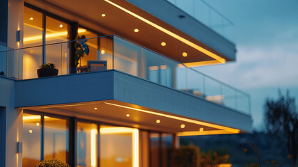 Modern house with balconies illuminated at sunset.