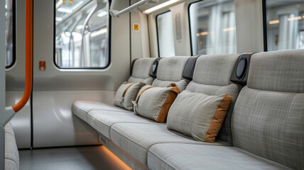 Clean and modern subway train interior with cushioned seats.