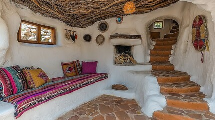 Wall Mural -   A cozy living room boasts a stunning stone floor, a plush couch centered in the space, and a grand staircase ascending to the upper level