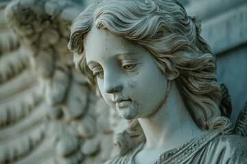 Poster - A detailed view of an angel's face from a statue, suitable for use in spiritual or devotional contexts